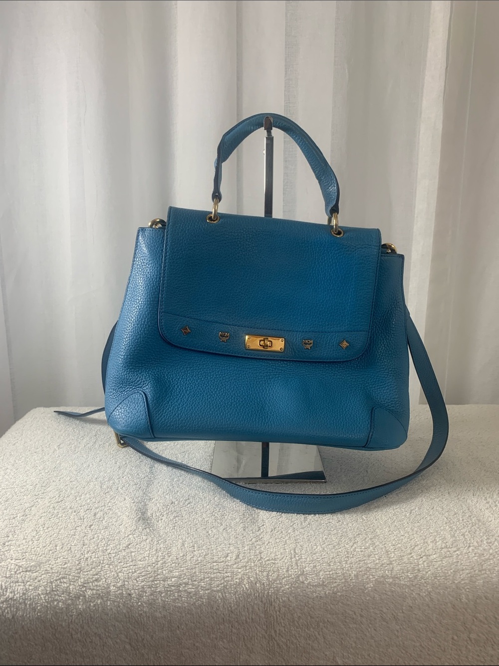 GUC MCM Blue leather First Lady handbag L 14” x H 9” x D 5”